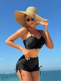 2025 European and American New Pure Color Split Conservative Boxer Briefs Chest Mid-Pants Side Drawstring Swimsuit Swimsuit Cross-Border Temu