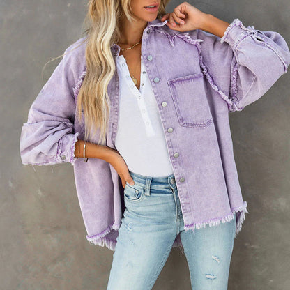 Factory Direct Sales 2025 Autum European and American Long-Sleeved Denim Jacket Women's Washed Raw Edge Mid-Length Loose Jacket in Stock
