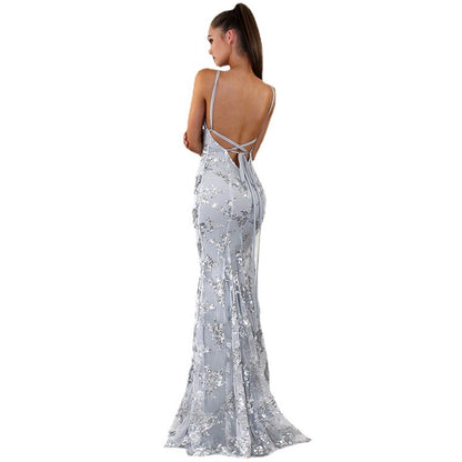 2025 New Cross-Border European and American Clothing Ebay Amazon Dress Suspender V Neck Backless Sequin Lace-Up Dress