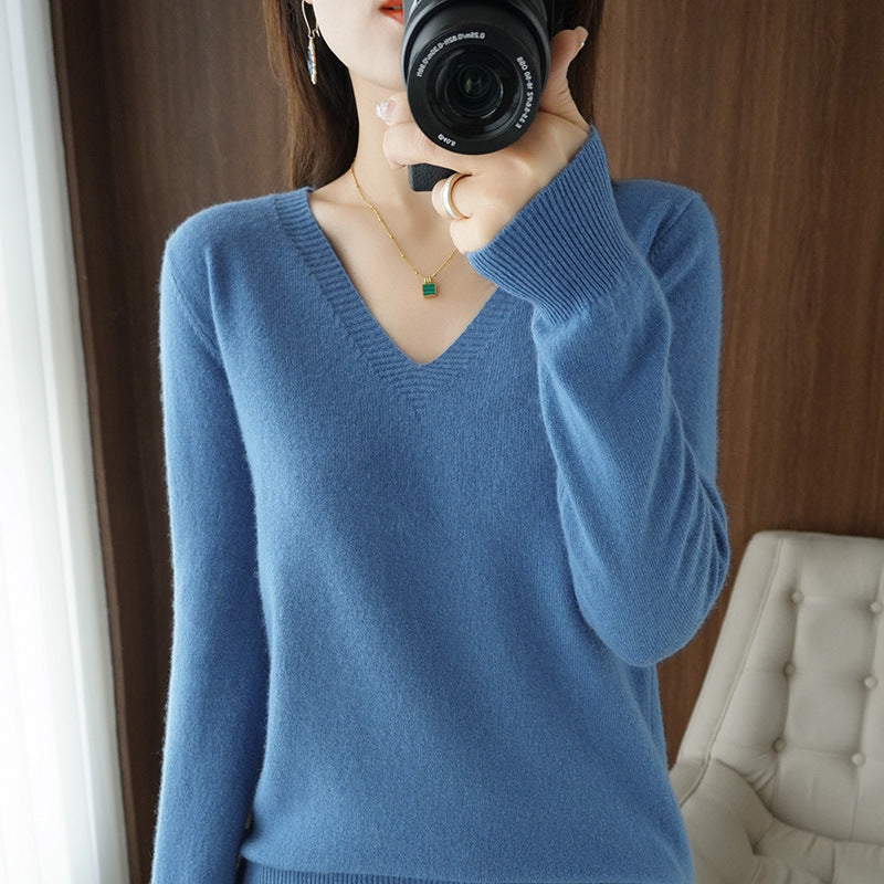 New Autumn and Winter Knitwear Women's V Neck Long-Sleeved Pullover Top Pure Color Korean Style Loose Bottoming Shirt Slimming Look Outer Wear Thin