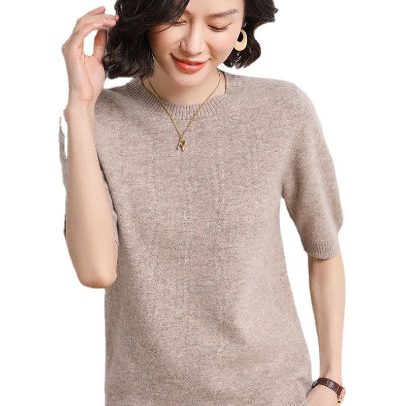 2025 Spring and Summer New Style Knitted Short-Sleeved Women's Round Neck Bottoming Knitted Pullover Half-Sleeved Sweater Loose Bottoming Sweater