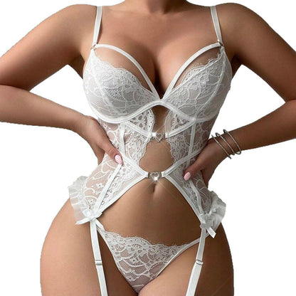 Aliexpress Cross-Border Supply European and American Style Hollow Lace Straps See-Through Temptation with Leg Circumference Sexy Underwear Set
