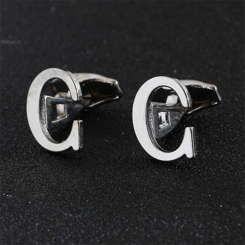 Cross-Border Specially Designed for Silver 26 English Letters Glossy Men's Cufflinks Manufacturer Wholesale Personalized French Shirt Cufflinks