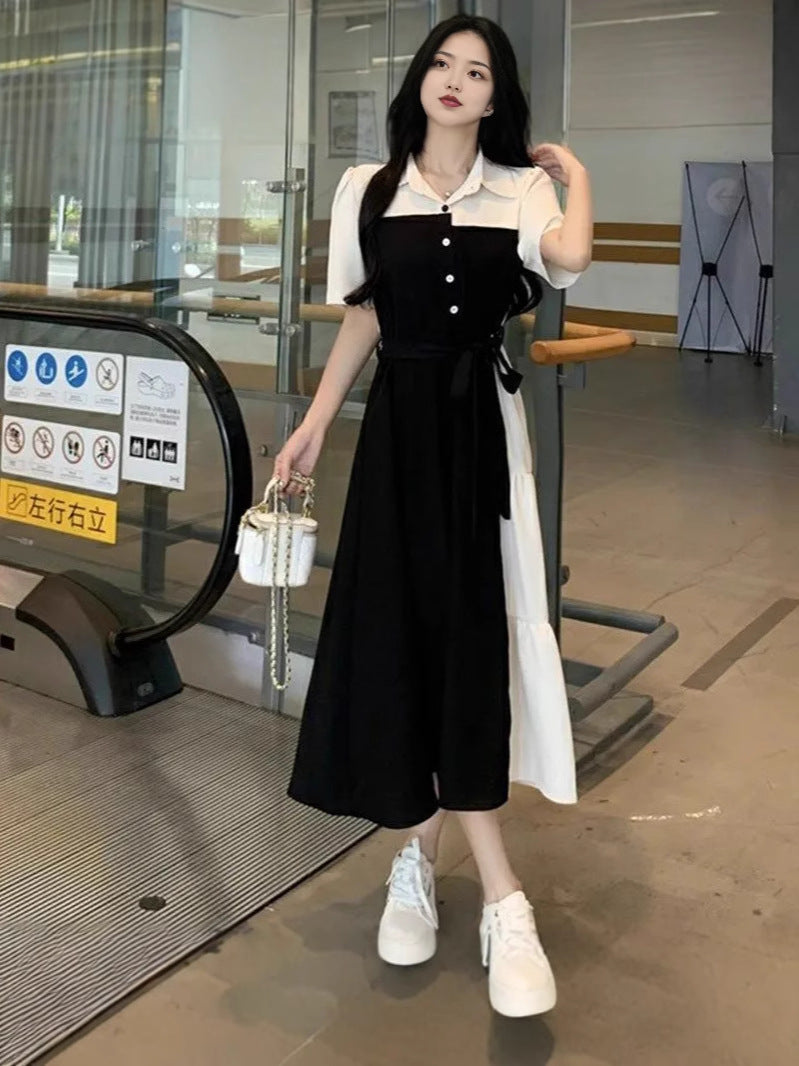 plus size Contrast Color Stitching Fake Two-piece Shirt dress Women's Summer New chubby girl Tight Waist Slimming Hepburn Style Long Dress