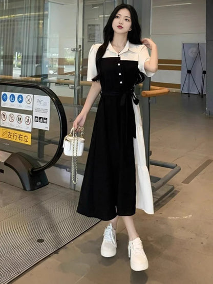 plus size Contrast Color Stitching Fake Two-piece Shirt dress Women's Summer New chubby girl Tight Waist Slimming Hepburn Style Long Dress