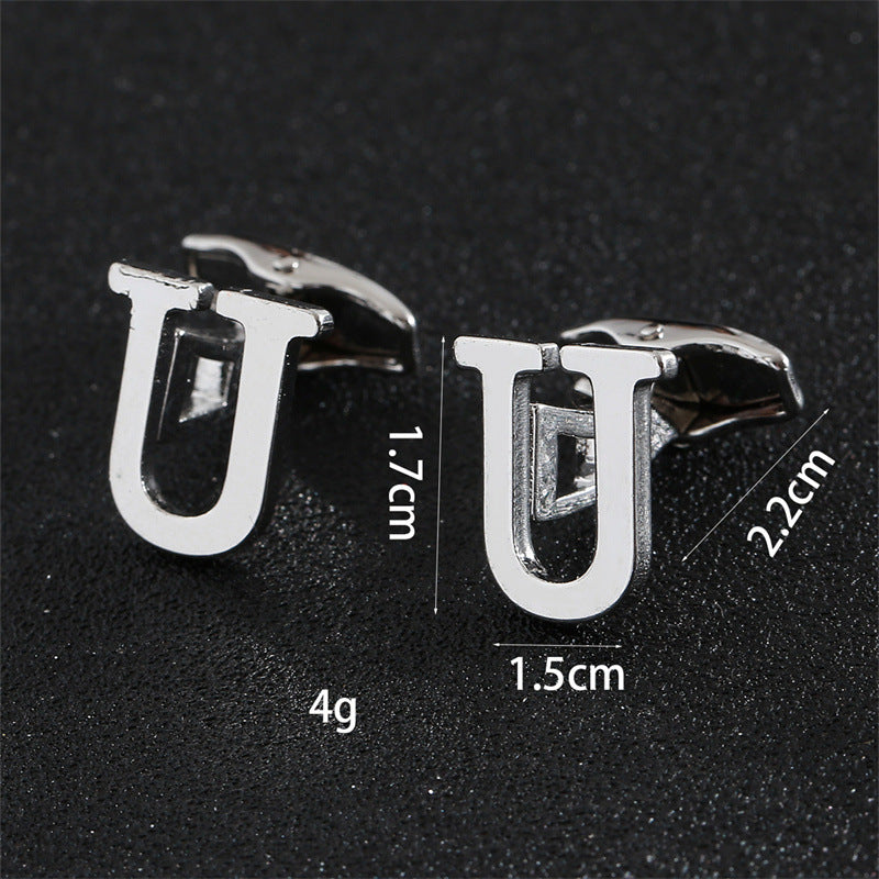 Cross-Border Specially Designed for Silver 26 English Letters Glossy Men's Cufflinks Manufacturer Wholesale Personalized French Shirt Cufflinks