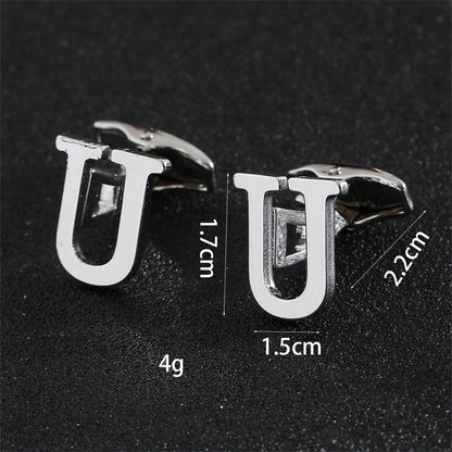 Cross-Border Specially Designed for Silver 26 English Letters Glossy Men's Cufflinks Manufacturer Wholesale Personalized French Shirt Cufflinks