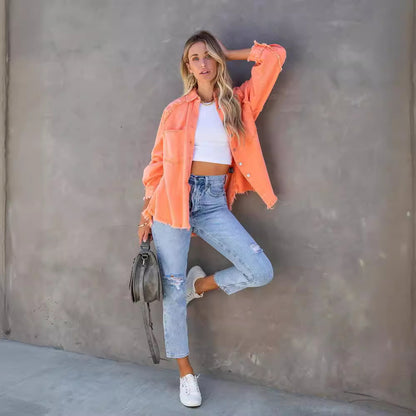 Factory Direct Sales 2025 Autum European and American Long-Sleeved Denim Jacket Women's Washed Raw Edge Mid-Length Loose Jacket in Stock