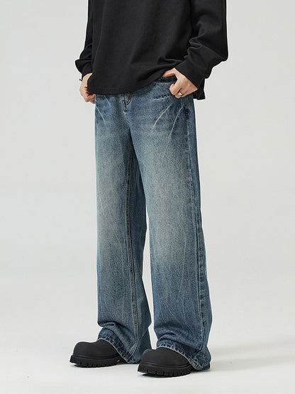 LKTM Men's# American vibe Lightning Crack Blue Jeans Men's cleanfit Slightly Slim Pants