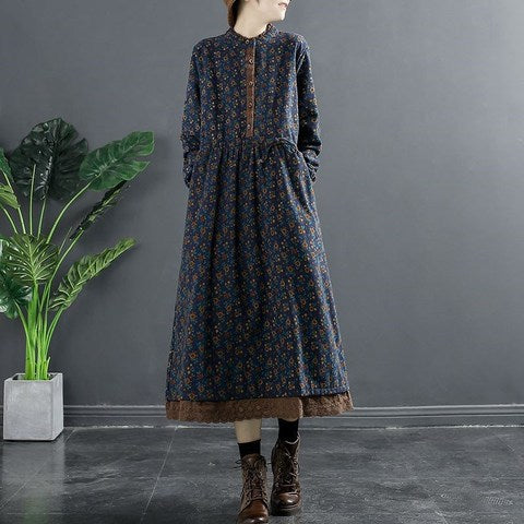 Spring New 2023 Vintage Printed Lace-up Waist Lace Small Floral Base Large Size Women's Long Sleeve Dress