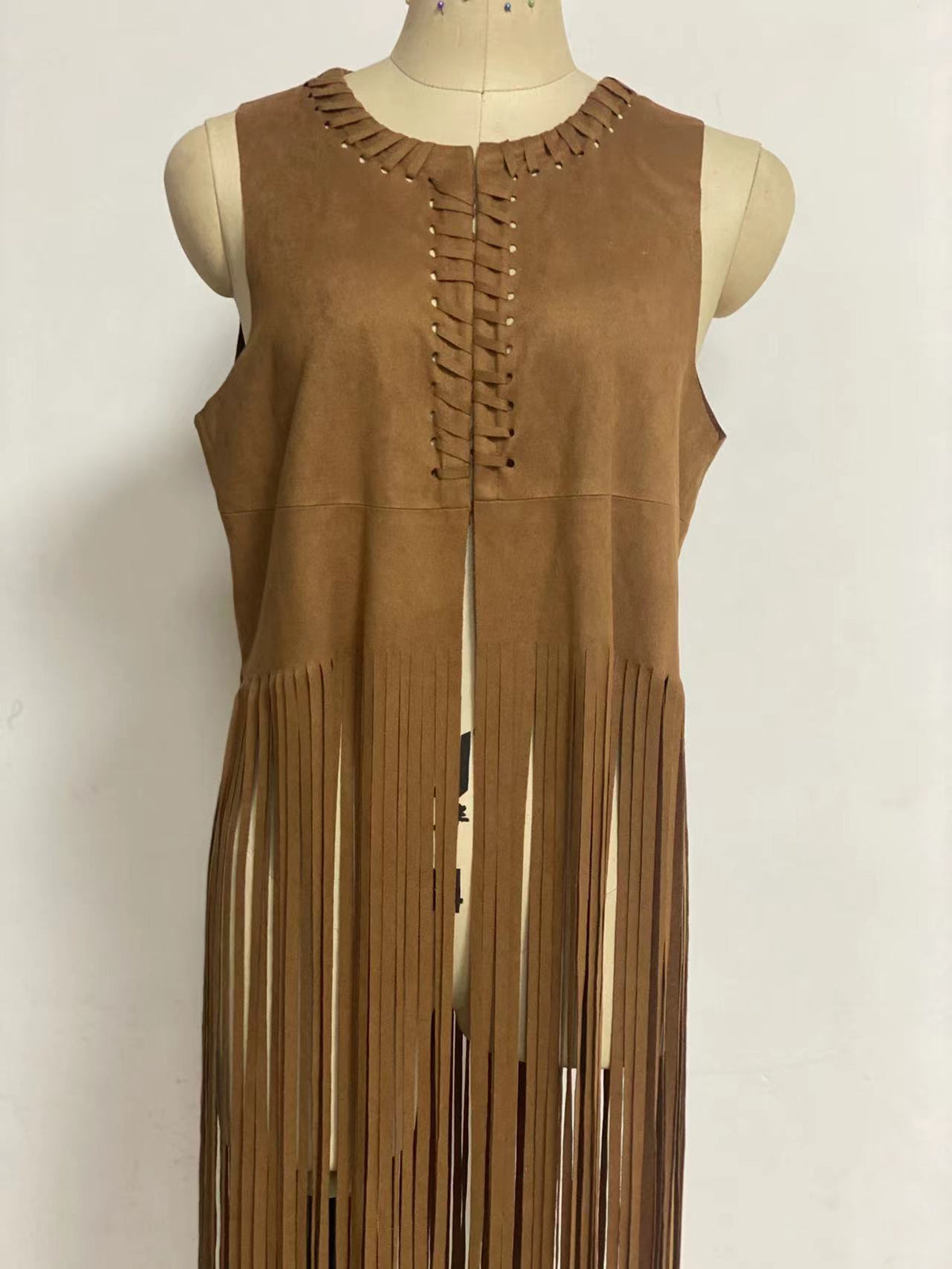 2026 In-Stock European and American Style Shawl Suede Tassel Vest Jacket Women's Sleeveless Mid-Length Vest Cardigan
