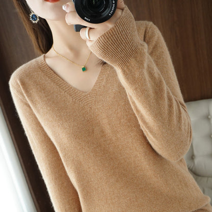 New Autumn and Winter Knitwear Women's V Neck Long-Sleeved Pullover Top Pure Color Korean Style Loose Bottoming Shirt Slimming Look Outer Wear Thin