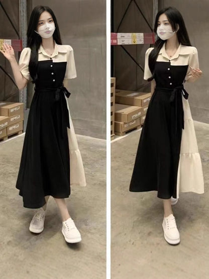 plus size Contrast Color Stitching Fake Two-piece Shirt dress Women's Summer New chubby girl Tight Waist Slimming Hepburn Style Long Dress
