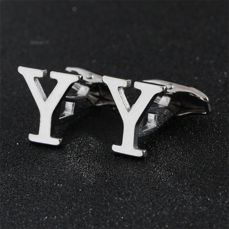 Cross-Border Specially Designed for Silver 26 English Letters Glossy Men's Cufflinks Manufacturer Wholesale Personalized French Shirt Cufflinks