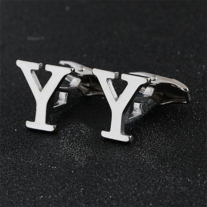 Cross-Border Specially Designed for Silver 26 English Letters Glossy Men's Cufflinks Manufacturer Wholesale Personalized French Shirt Cufflinks