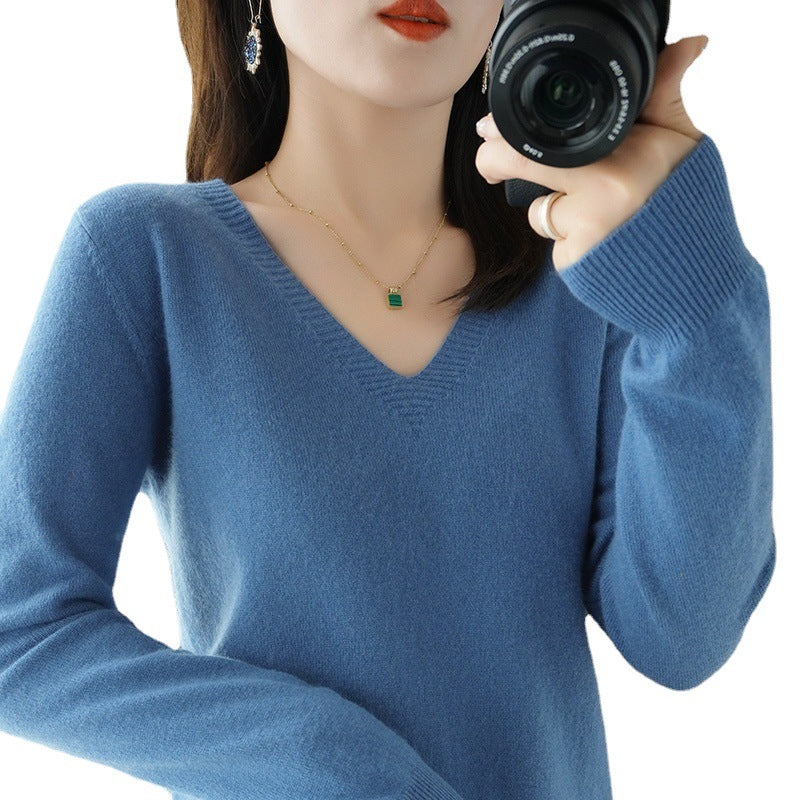 New Autumn and Winter Knitwear Women's V Neck Long-Sleeved Pullover Top Pure Color Korean Style Loose Bottoming Shirt Slimming Look Outer Wear Thin