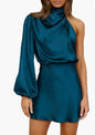 Spring 2024 Women's Satin Shoulder Long Sleeve Mini Skirt Silk Long Sleeve Crewneck Cocktail Skirt
