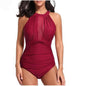 Cross-border New European and American Women's Swimsuit Chest Mesh Stitching Pleated Craft Swimwear Bikini Wholesale
