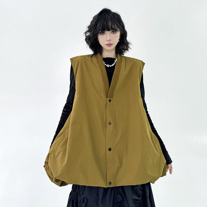 Hong Kong Style Niche Design Bud-Shaped Vest 2025 Spring and Autumn New Fashion Loose Solid Color V-Neck Sleeveless Trench Coat