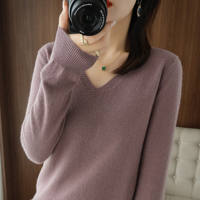 New Autumn and Winter Knitwear Women's V Neck Long-Sleeved Pullover Top Pure Color Korean Style Loose Bottoming Shirt Slimming Look Outer Wear Thin