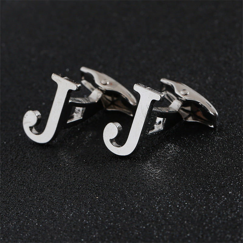 Cross-Border Specially Designed for Silver 26 English Letters Glossy Men's Cufflinks Manufacturer Wholesale Personalized French Shirt Cufflinks