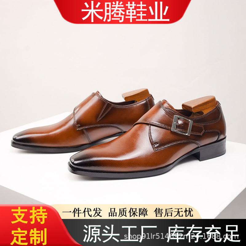 Cross-border plus size British Mengke Shoes Square-toed Real Leather Shoes Buckle Monk Men's Shoes Business Dress Leather Shoes Men's British Style