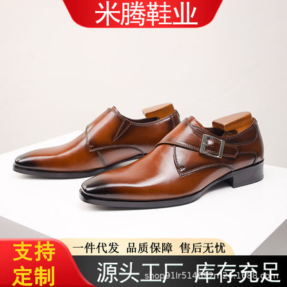 Cross-border plus size British Mengke Shoes Square-toed Real Leather Shoes Buckle Monk Men's Shoes Business Dress Leather Shoes Men's British Style