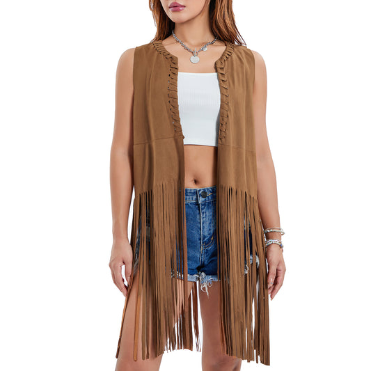 2026 In-Stock European and American Style Shawl Suede Tassel Vest Jacket Women's Sleeveless Mid-Length Vest Cardigan