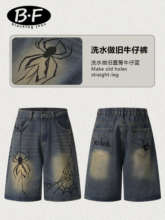 Cross-Border Popular Source | Hand-Painted Spider Denim Shorts Men's Summer Loose Retro Distressed Blue Straight-Leg Trousers