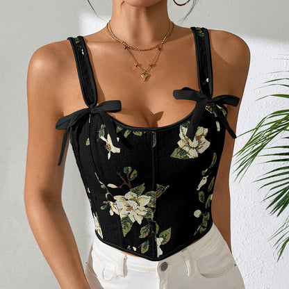 Cross-border Hot Sale French Style Bow Lace-up Floral Sexy Shaper Women's Sling Printed Slim-fit Vest Corset