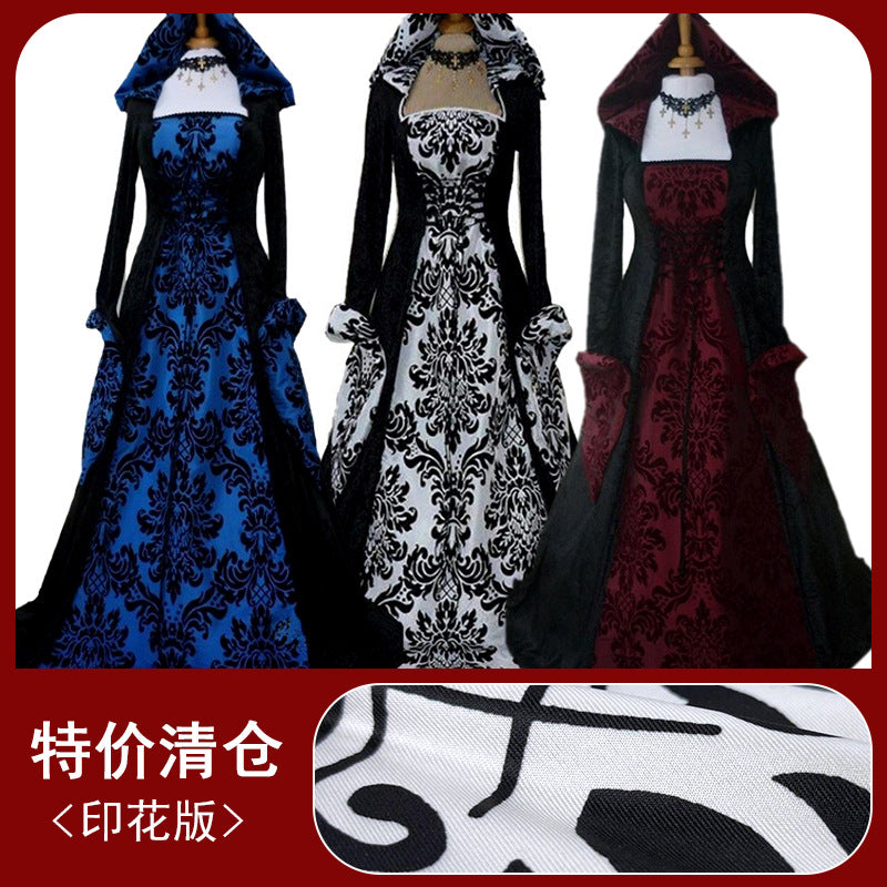 Special Big Sale - Retro Medieval Printed Long Dress Victorian Hooded Dress Stage Performance Costume