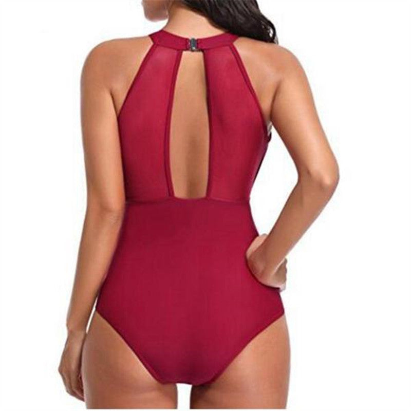 Cross-border New European and American Women's Swimsuit Chest Mesh Stitching Pleated Craft Swimwear Bikini Wholesale